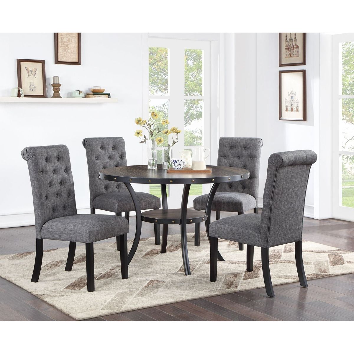 Charcoal Fabric Set of 2 Dining Chairs Contemporary Plush Cushion Side Chairs Nailheads Trim Tufted Back Chair Kitchen Dining Room