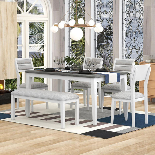 Classic and Traditional Style 6 - Piece Dining Set, Includes Dining Table, 4 Upholstered Chairs & Bench (White+Gray)