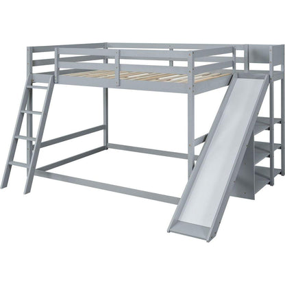 Full over Full Bunk Bed with Ladder, Slide and Shelves, Gray