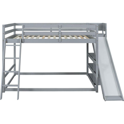 Full over Full Bunk Bed with Ladder, Slide and Shelves, Gray