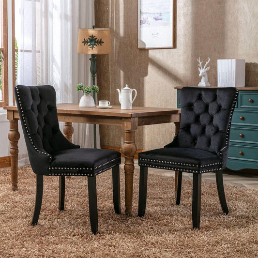 Nikki Collection Modern, High-end Tufted Solid Wood Contemporary Velvet Upholstered Dining Chair with Wood Legs Nailhead Trim 2-Pcs Set, Black