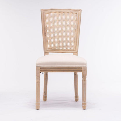 French Style Solid Wood Frame Antique Painting Linen Fabric Square Rattan Back Dining Chair, Set of 2, Cream