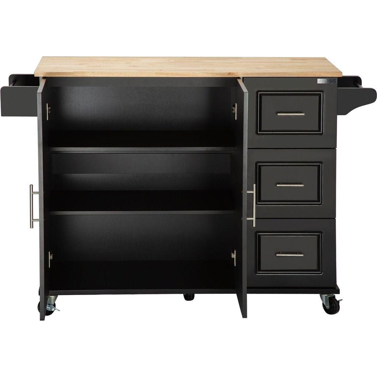 Kitchen Island & Kitchen Cart, Mobile Kitchen Island with Extensible Rubber Wood Table Top, adjustable Shelf Inside Cabinet, 3 Big Drawers, with Spice Rack, Towel Rack, Black-Beech .
