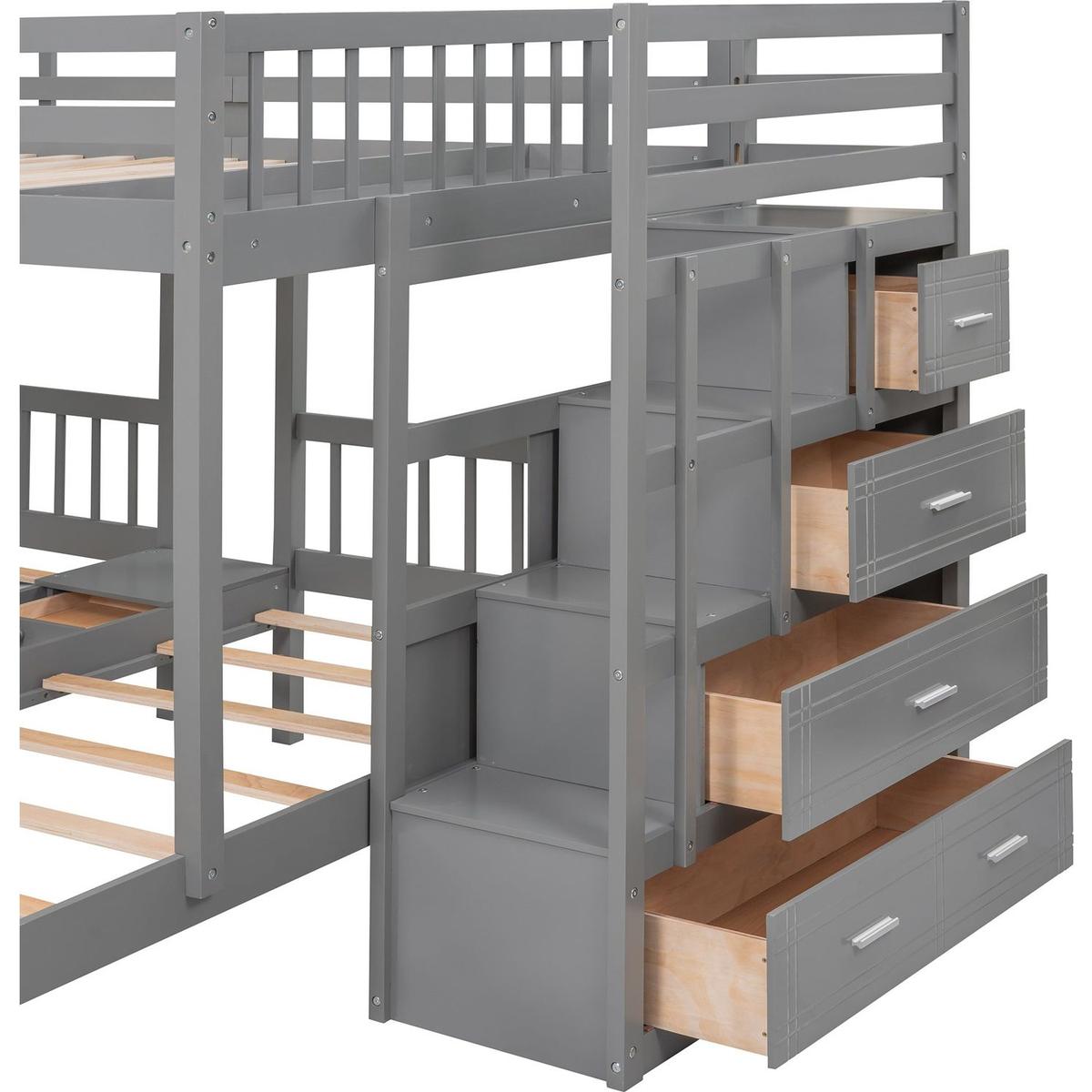Full Over Twin & Twin Bunk Bed, Wood Triple Bunk Bed with Drawers and Guardrails (Gray)