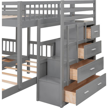 Full Over Twin & Twin Bunk Bed, Wood Triple Bunk Bed with Drawers and Guardrails (Gray)