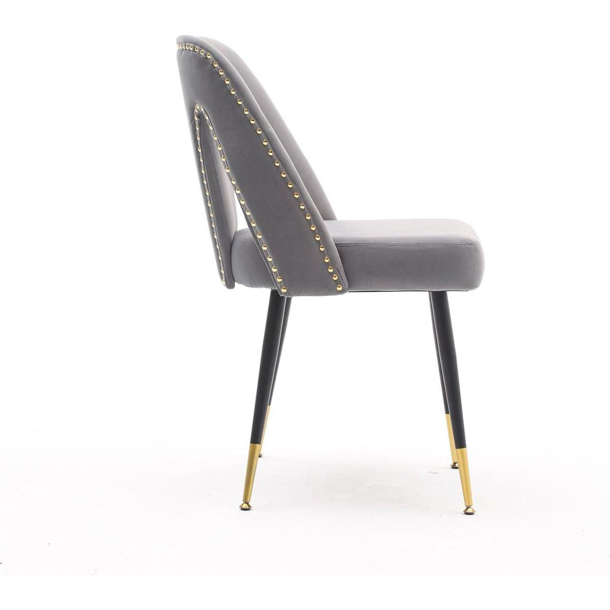 Akoya Collection Modern Contemporary Velvet Upholstered Dining Chair with Nailheads and Gold Tipped Black Metal Legs, Gray, Set of 2