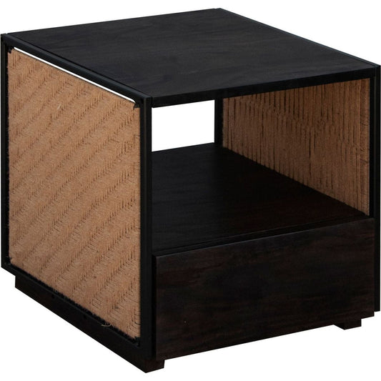 21 Inch Handcrafted Acacia Wood Side Table Nightstand, Woven Jute Side Panels, Brown, Black