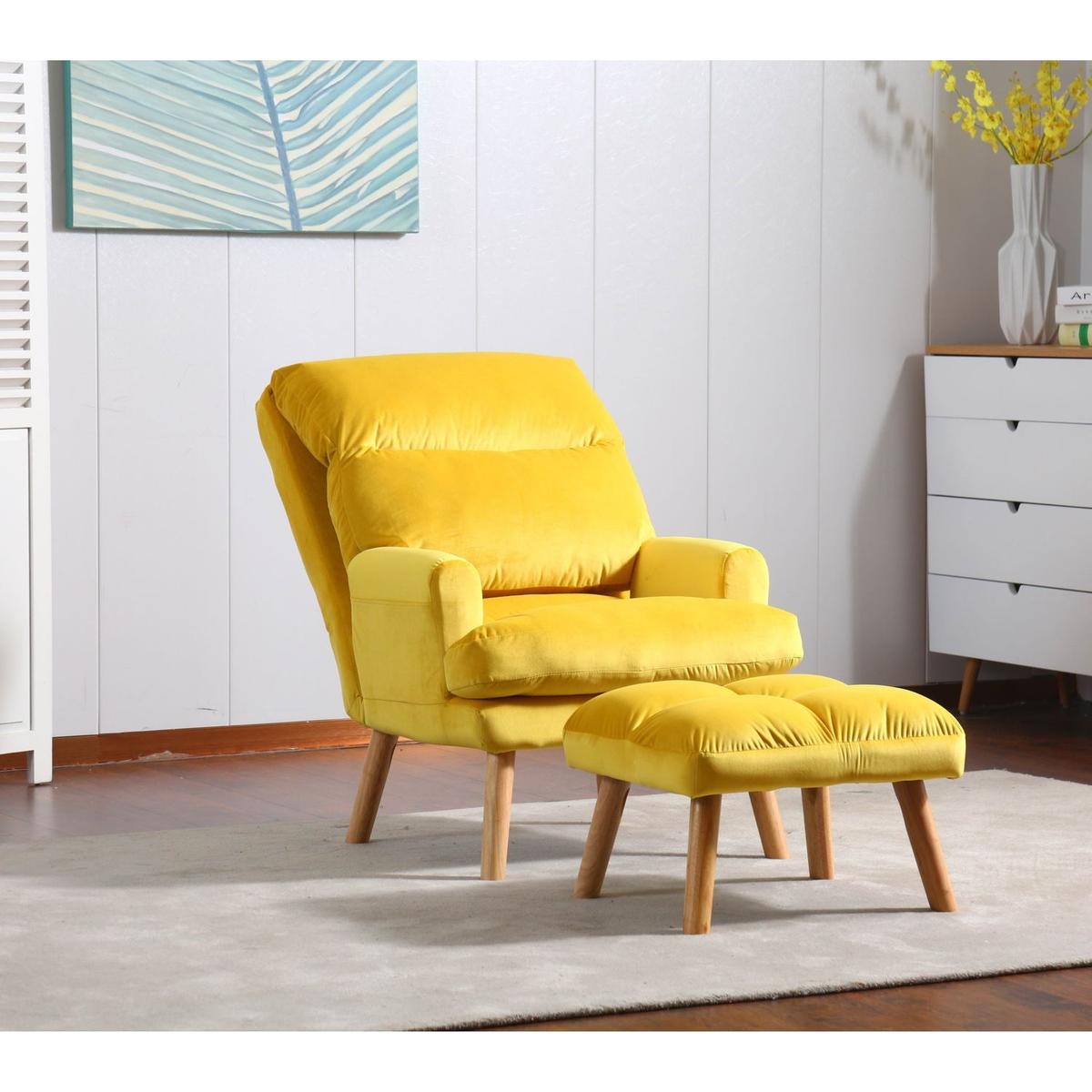 Soft Comfortable 1pc Accent Click Clack Chair with Ottoman Yellow Fabric Upholstered Oak Finish Legs Living Room Furniture