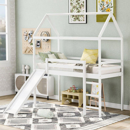 Twin Loft Bed with Slide, House Bed with Slide, White