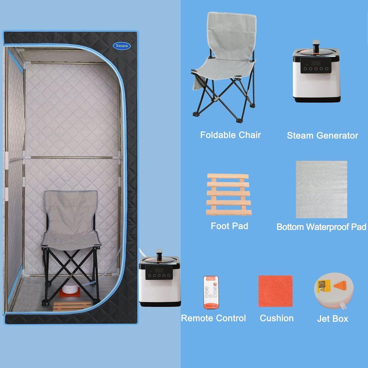 Portable Plus Type Full Size Steam Sauna tent. Spa, Detox, Therapy and Relaxation at home.Larger Space, Stainless Steel Pipes Connector Easy to Install, with FCC Certification--Black (Blue binding)