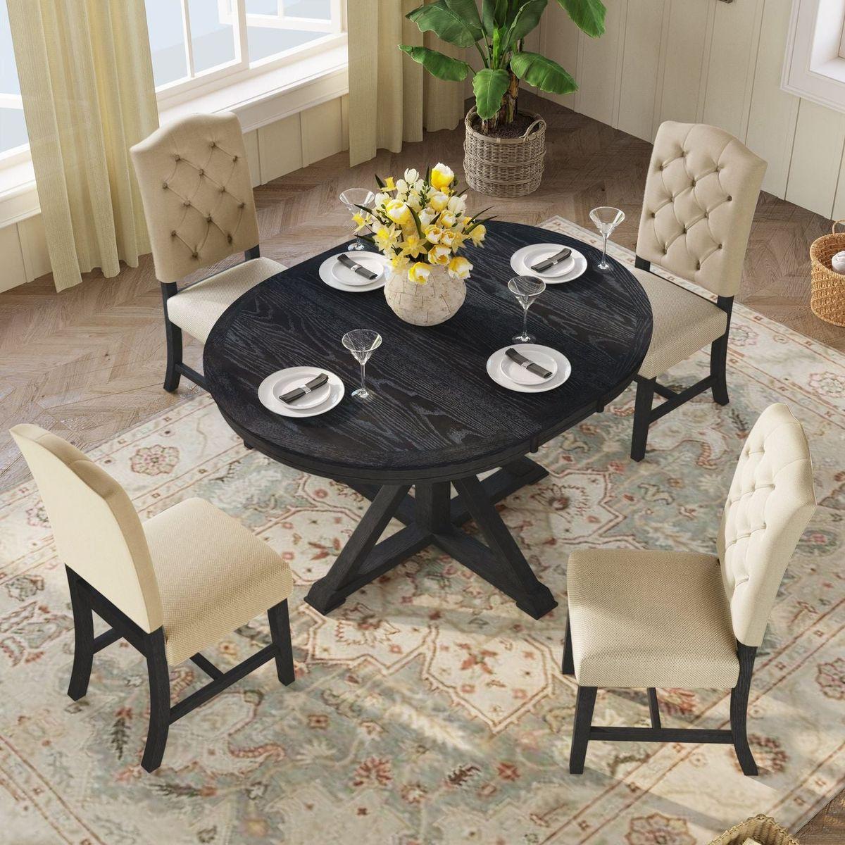 Functional Furniture Retro Style Dining Table Set with Extendable Table and 4 Upholstered Chairs for Dining Room and Living Room (Espresso)