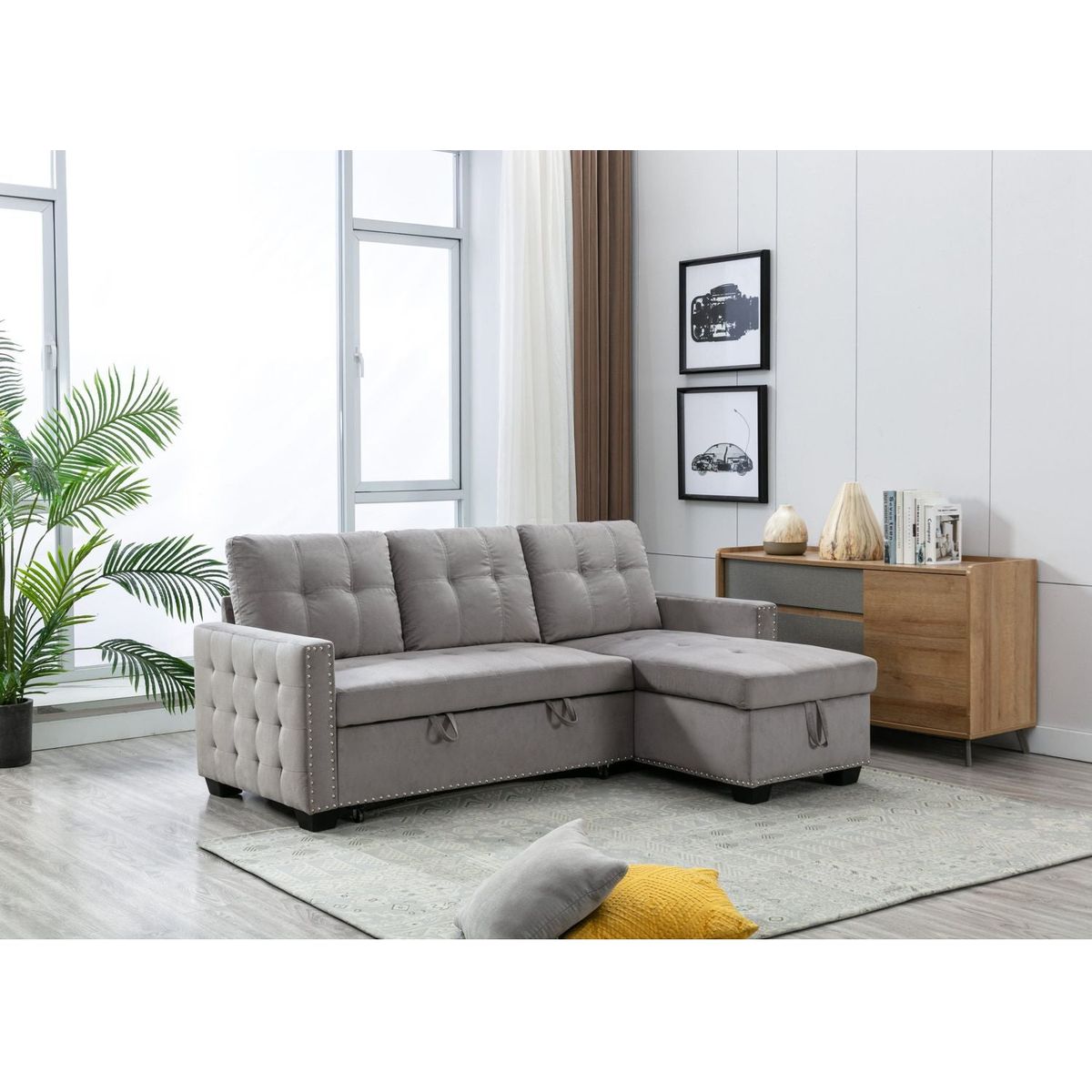 77 Inch Reversible Sectional Storage Sleeper Sofa Bed, L-Shape 2 Seat Sectional Chaise With Storage, Skin-Feeling Velvet Fabric, Light Grey Color For Living Room Furniture