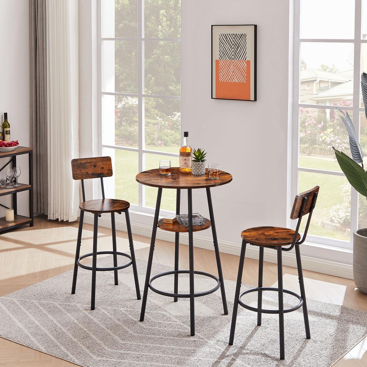 Round bar stool set with shelves, stool with backrest Rustic Brown, 23.6" Dia x 35.4" H - Streamdale Furniture