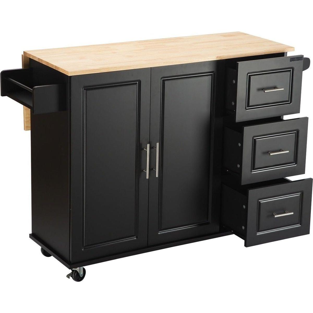Kitchen Island & Kitchen Cart, Mobile Kitchen Island with Extensible Rubber Wood Table Top, adjustable Shelf Inside Cabinet, 3 Big Drawers, with Spice Rack, Towel Rack, Black-Beech .