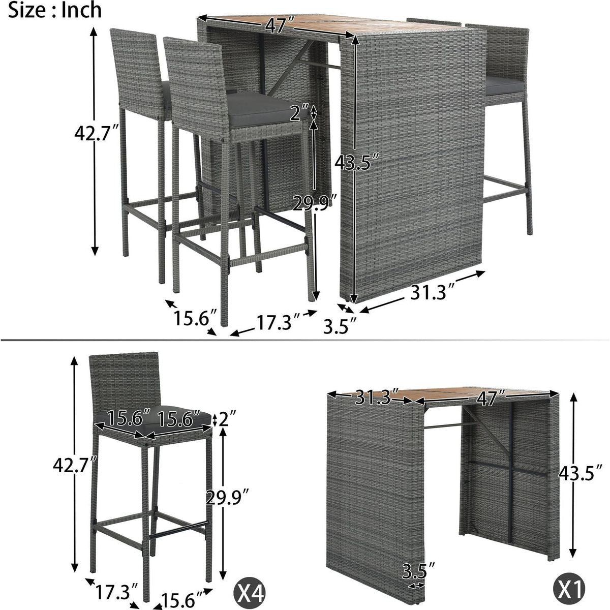 GO 5-pieces Outdoor Patio Wicker Bar Set, Bar Height Chairs With Non-Slip Feet And Fixed Rope, Removable Cushion, Acacia Wood Table Top, Brown Wood And Gray Wicker