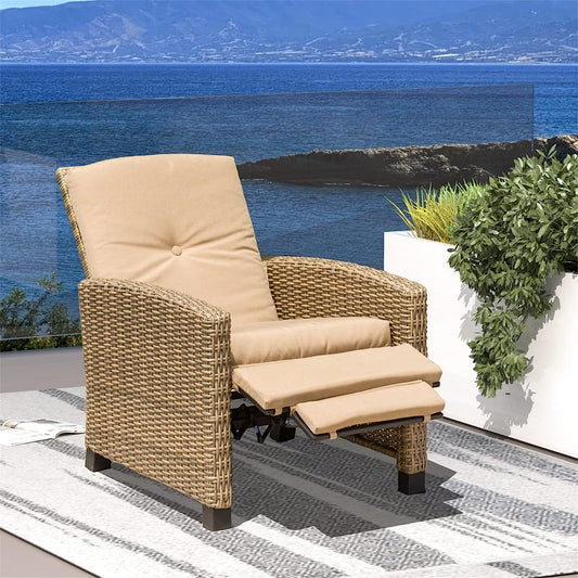 Indoor & Outdoor Recliner, All-Weather Wicker Reclining Patio Chair, Khaki Cushion (Khaki, 1 Chair)