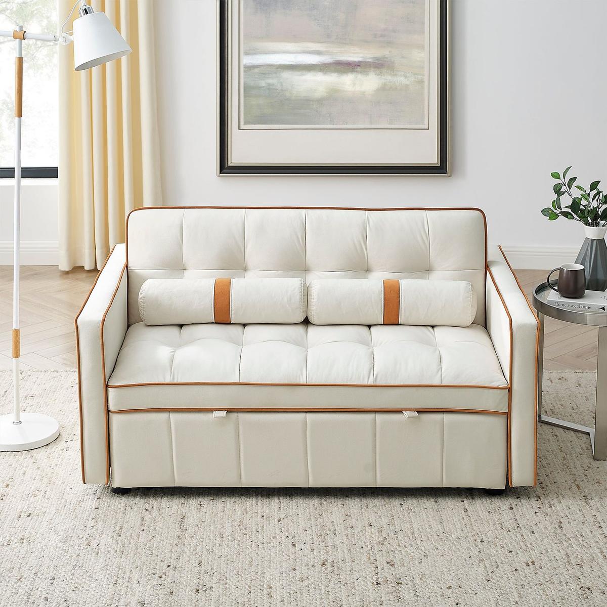 Modern 55.5" Pull Out Sleep Sofa Bed 2 Seater Loveseats Sofa Couch with side pockets, Adjustable Backrest and Lumbar Pillows for Apartment Office Living Room