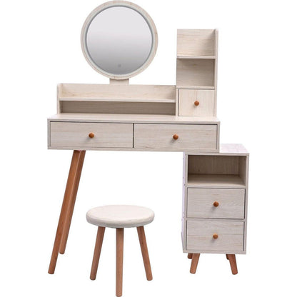 Stylish Vanity Table + Cushioned Stool, Touch Control LED Mirror, Large Capacity Storage Cabinet, 5 Drawers, Fashionable Makeup Furniture, Length Adjustable(L31.5"-43.2"x W15.8" x H48.1")