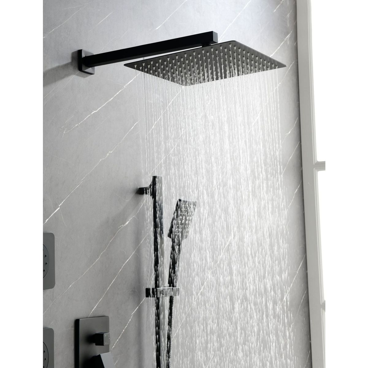 Shower System with Shower Head, Hand Shower, Slide Bar, Bodysprays, Shower Arm, Hose, Valve Trim, and Lever Handles