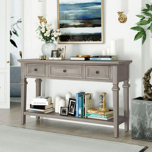 Classic Retro Style Console Table with Three Top Drawers and Open Style Bottom Shelf, Easy Assembly (Gray Wash) - Streamdale Furniture