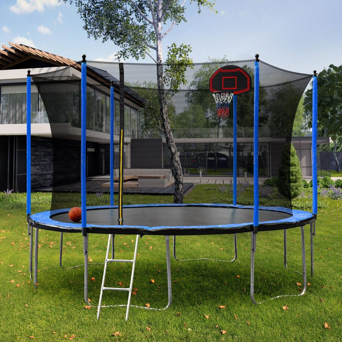15FT Trampoline with Basketball Hoop Inflator and Ladder (Inner Safety Enclosure) Blue