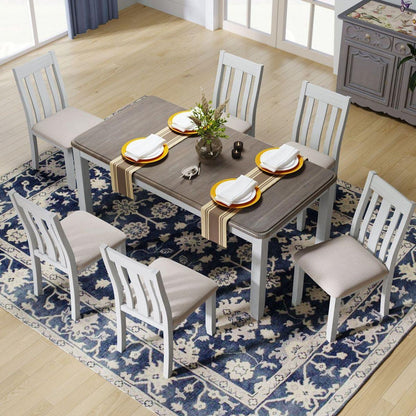 Retro Style 7-Piece Dining Table Set with Extendable Table and 6 Upholstered Chairs (Brown+White)