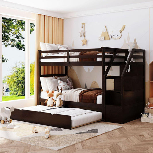 Twin-Over-Twin Bunk Bed with Twin Size Trundle and 3 Storage Stairs, Espresso - Streamdale Furniture