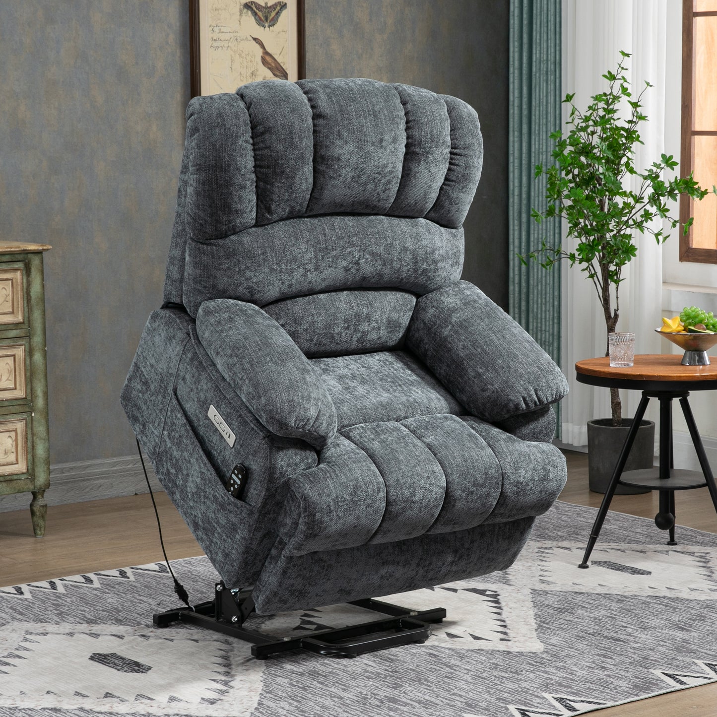 23" Seat Width and High Back Medium Size Blue Chenille Power Lift Recliner Chair with 8-Point Vibration Massage and Lumbar Heating