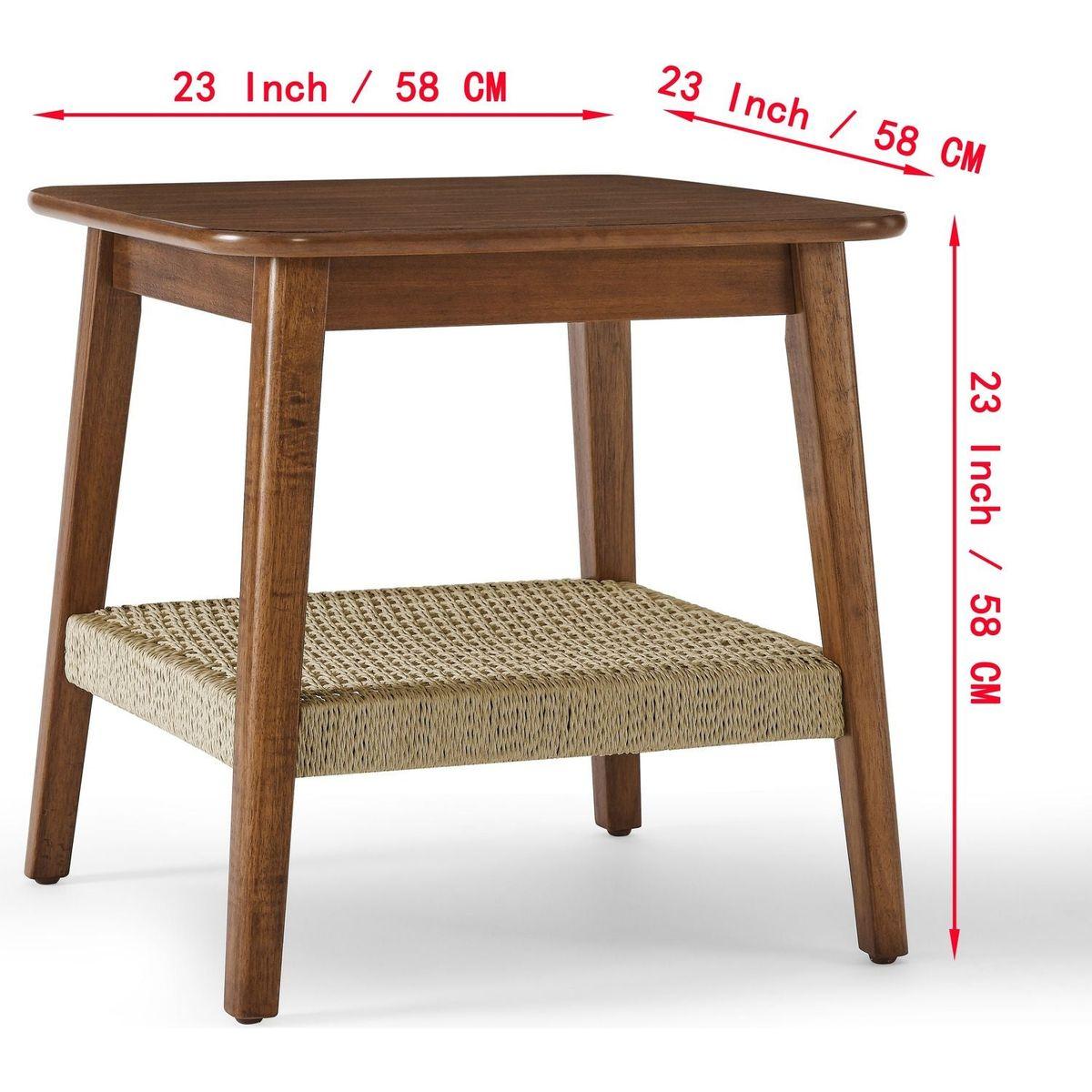 23" Mid-Century Side Table with Woven Shelf, Boho Side Table with Storage, Bedside Tables, Small Side Table for Living Room Couch Bedroom Patio Home Office - Streamdale Furniture