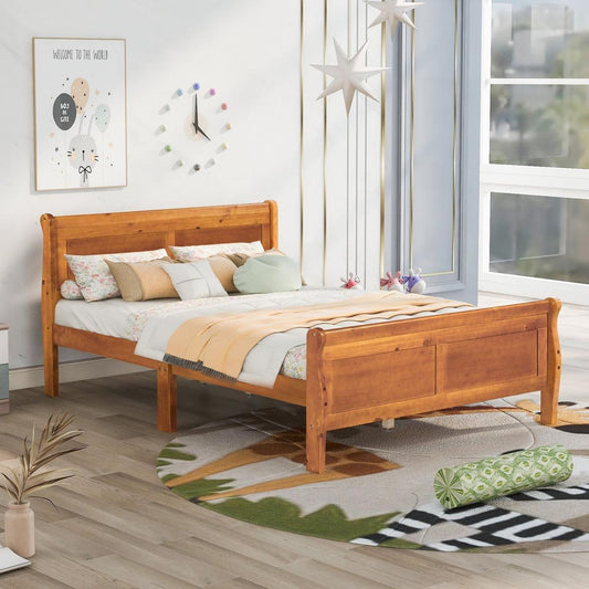 Full Size Wood Platform Bed with Headboard and Wooden Slat Support (Oak) - Streamdale Furniture