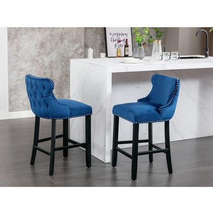 Contemporary Velvet Upholstered Wing-Back Barstools with Button Tufted Decoration and Wooden Legs, and Chrome Nailhead Trim, Leisure Style Bar Chairs,Bar stools,Set of 2 (Blue)