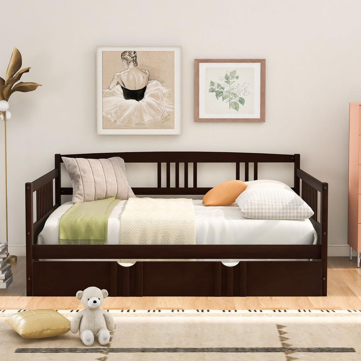 Full Size Daybed Wood Bed with Twin Size Trundle, Espresso - Streamdale Furniture