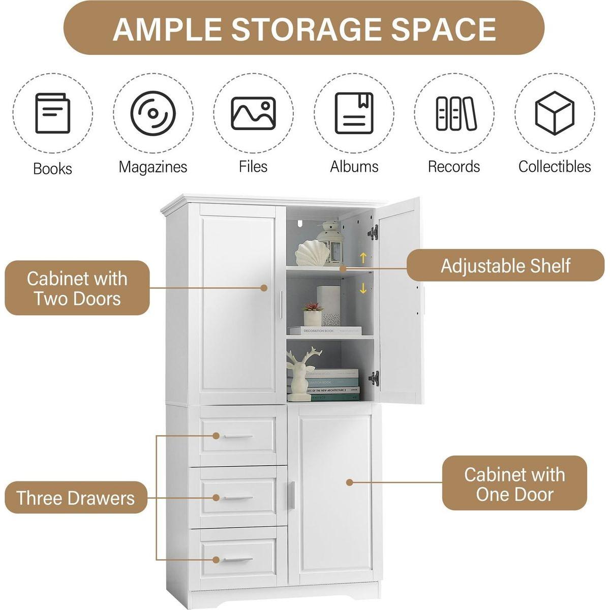 Tall and Wide Storage Cabinet with Doors for Bathroom/Office, Three Drawers, White