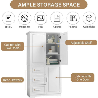 Tall and Wide Storage Cabinet with Doors for Bathroom/Office, Three Drawers, White