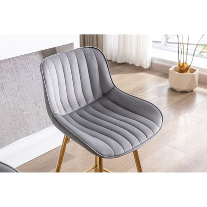 26 Inch Set of 2 Bar Stools, with Chrome Footrest Velvet Fabric Counter Stool Golden Leg Simple Bar Stool, GRAY
