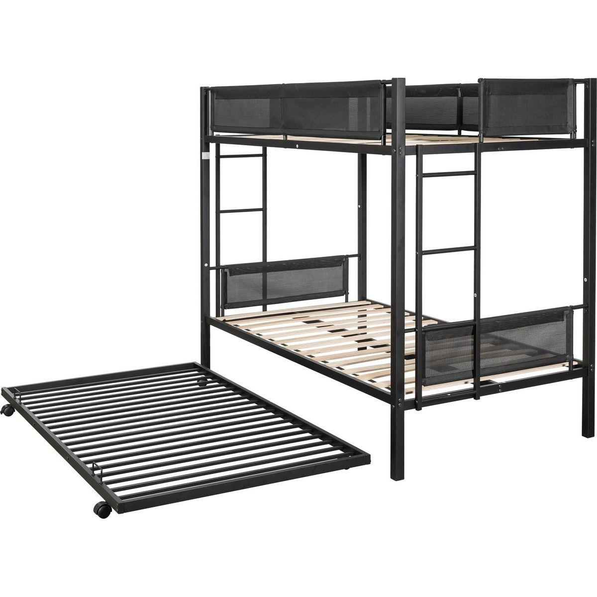 Twin over twin bunk bed with trundle (Wood Slat and Textilene Guardrail)