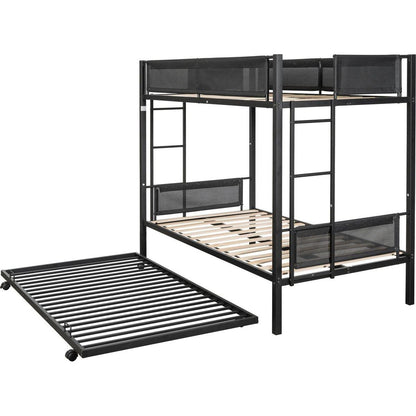 Twin over twin bunk bed with trundle (Wood Slat and Textilene Guardrail)