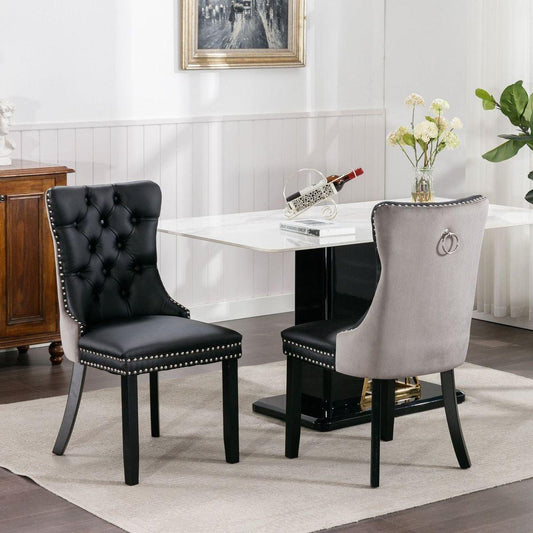 Nikki Collection Modern, High-end Tufted Solid Wood Contemporary PU and Velvet Upholstered Dining Chair with Wood Legs Nailhead Trim 2-Pcs Set Black+Gray