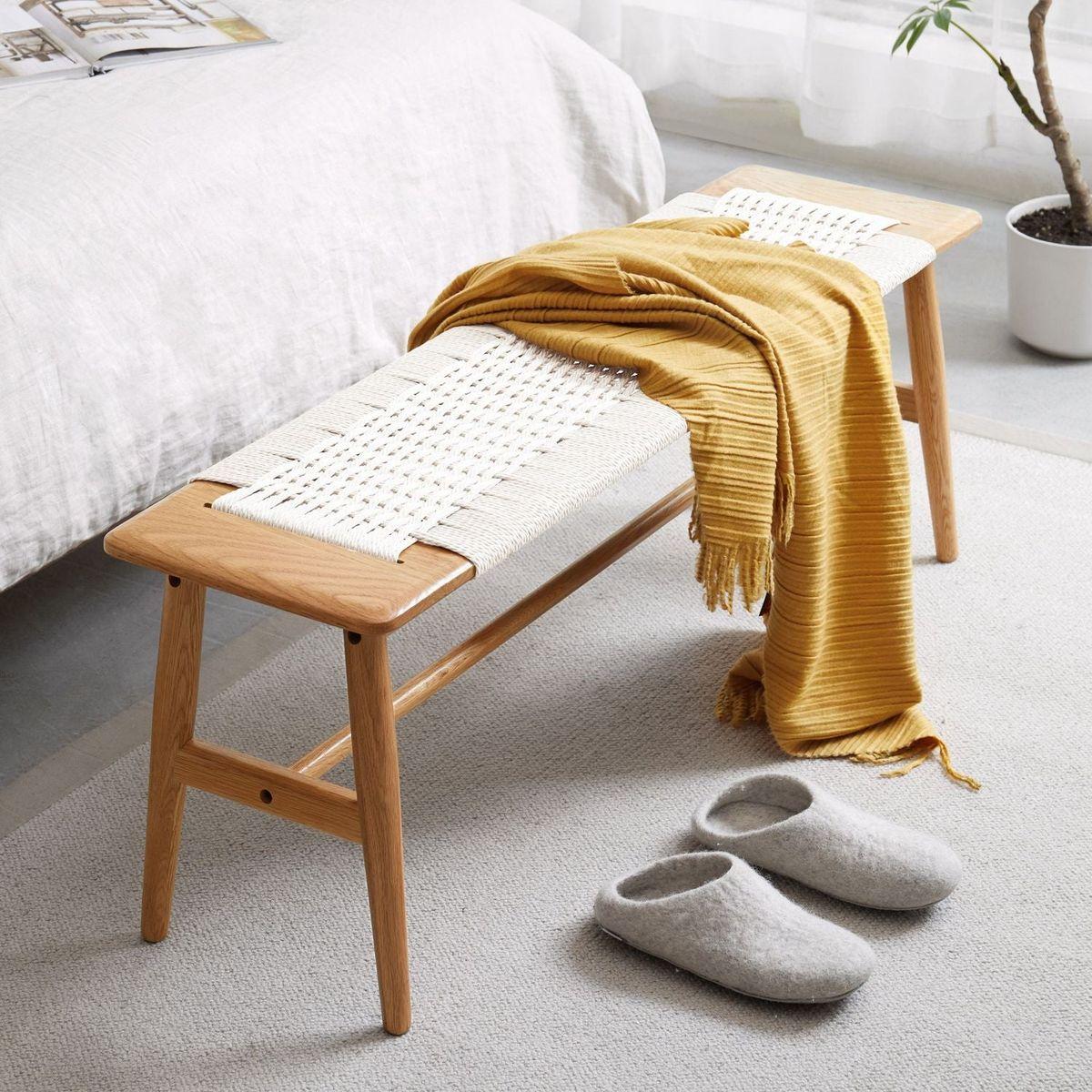 Design Natural Oak Wood Dining Bench Bed Bench for Dining Room, Bedroom, Bathroom (White) - Streamdale Furniture