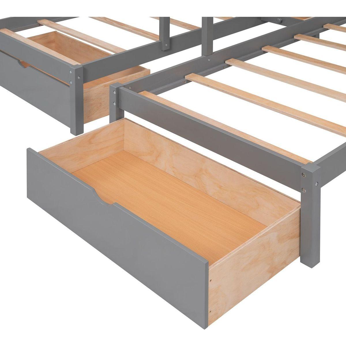 Full Over Twin & Twin Bunk Bed, Wood Triple Bunk Bed with Drawers and Guardrails (Gray)