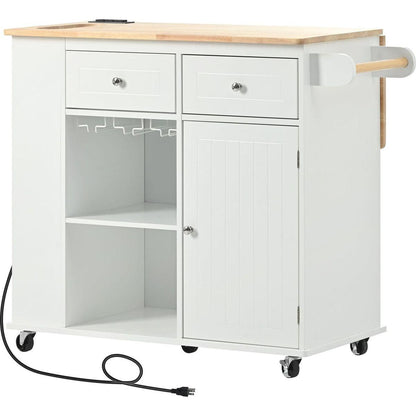 Kitchen Island with Power Outlet,Kitchen Storage Island with Drop Leaf and Rubber Wood,Open Storage and Wine Rack,5 Wheels,with Adjustable Storage for Home, Kitchen, and Dining Room,White