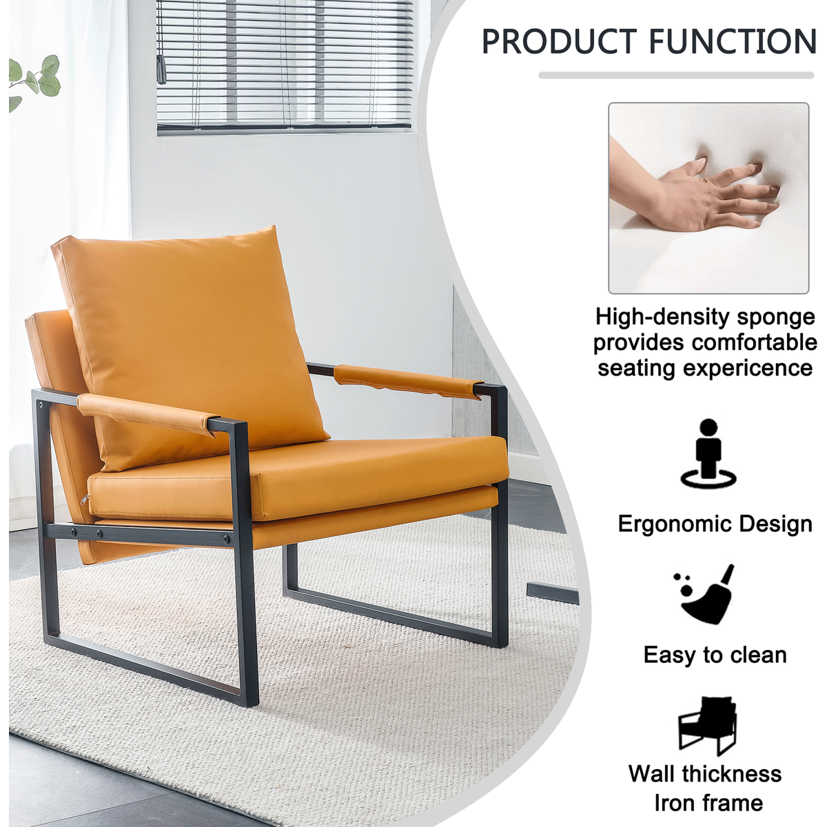 PU Leather Accent Arm Chair Mid Century Upholstered Armchair with Metal Frame Extra-Thick Padded Backrest and Seat Cushion Sofa Chairs for Living Room (orange PU Leather + Metal Frame + Foam)SF-008