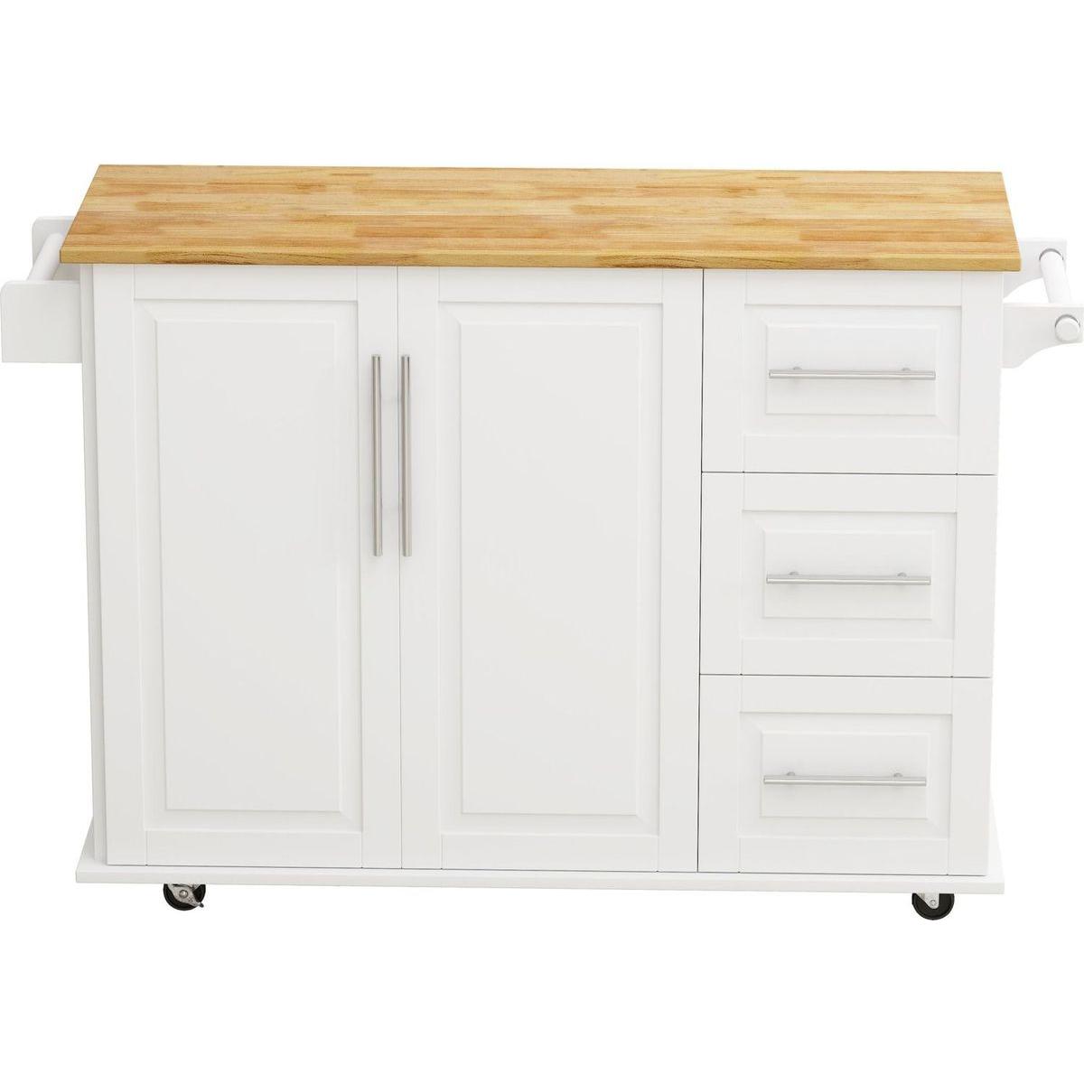 Kitchen Island Cart with 2 Door Cabinet and Three Drawers, 43.31 Inch Width with Spice Rack, Towel Rack (White)