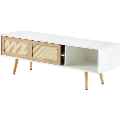 55.12" Rattan TV cabinet, double sliding doors for storage, adjustable shelf, solid wood legs, TV console for living room, White