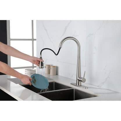 Kitchen Faucet with Pull Down Sprayer Brushed Nickel, High Arc Single Handle Kitchen Sink Faucet with Deck Plate, Commercial Modern Stainless Steel Kitchen Faucets