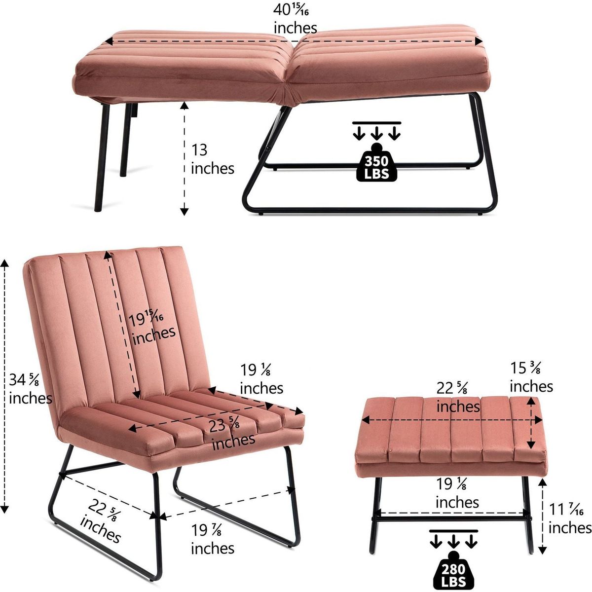 Pink Modern Lazy Lounge Chair, Contemporary Single Leisure Upholstered Sofa Chair Set