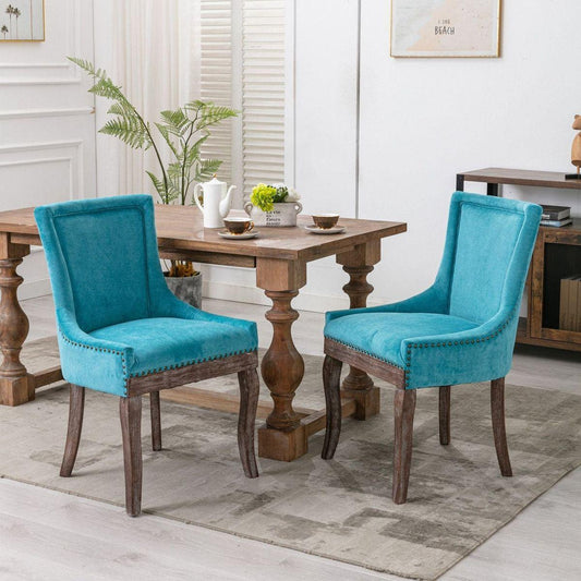 Ultra Side Dining Chair, Thickened fabric chairs with neutrally toned solid wood legs, Bronze nail head, Set of 2, Blue