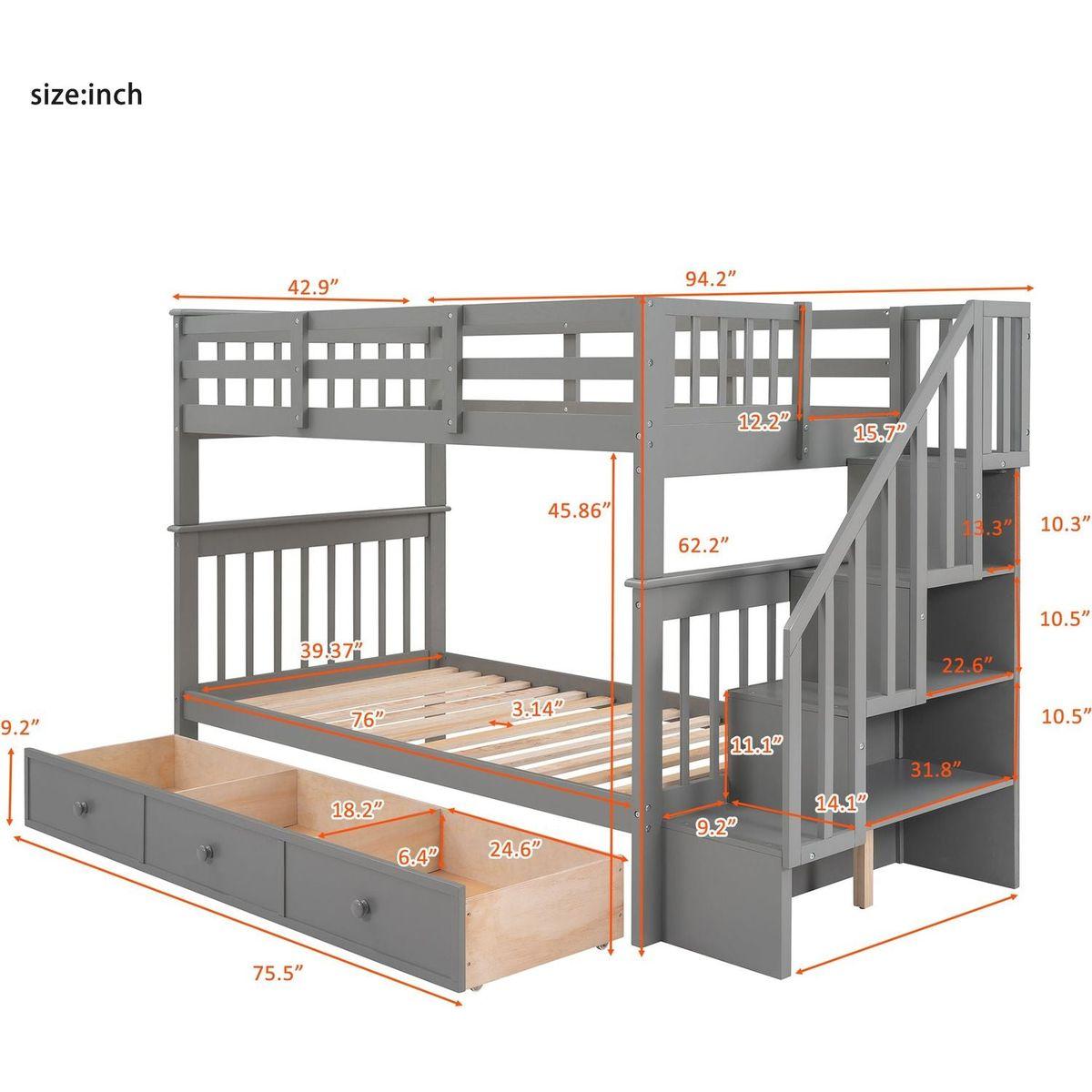 Stairway Twin-Over-Twin Bunk Bed with Three Drawers for Bedroom, Dorm - Gray - Streamdale Furniture