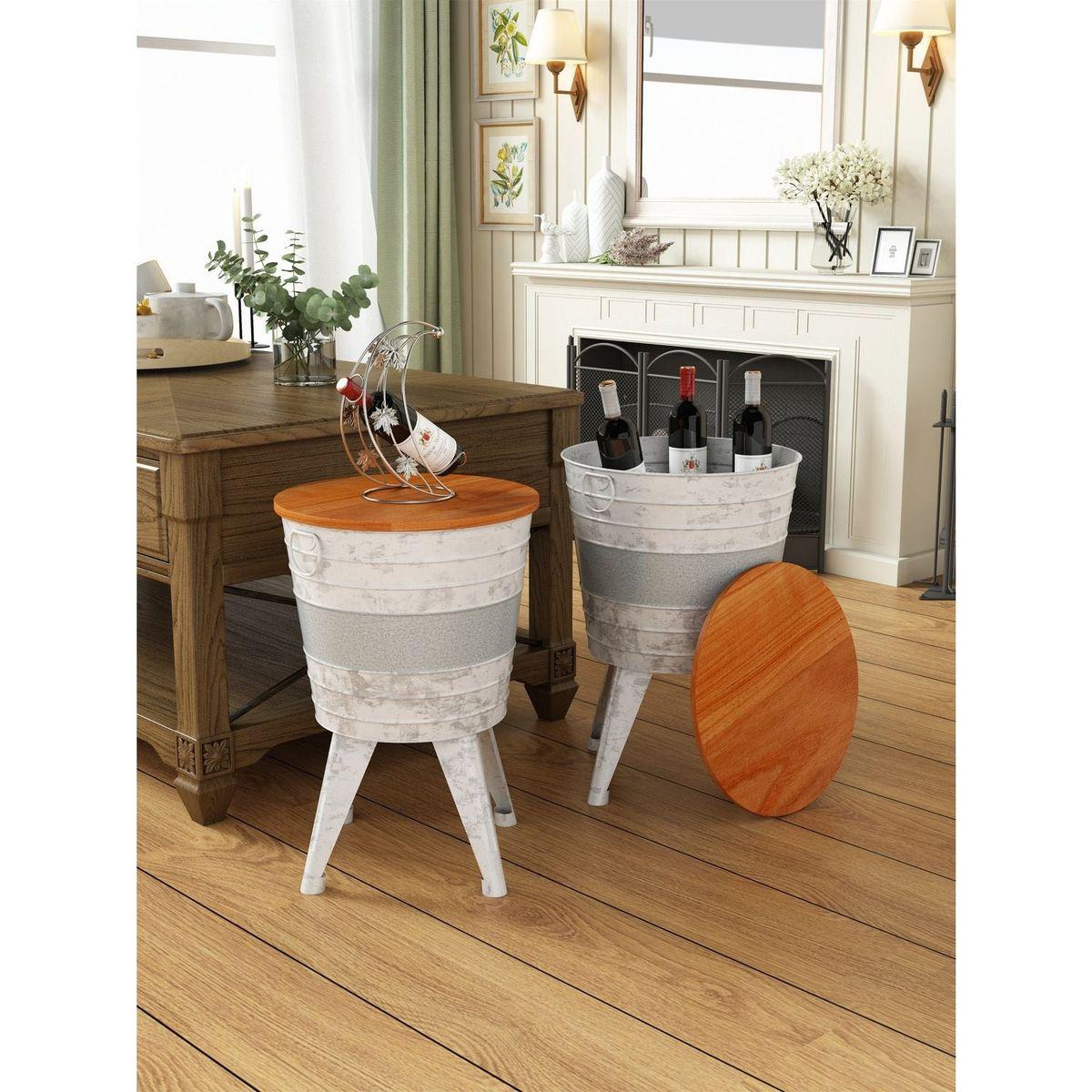 Farmhouse Rustic Distressed Metal Accent Cocktail Table with wood top-WHT, Set of 2