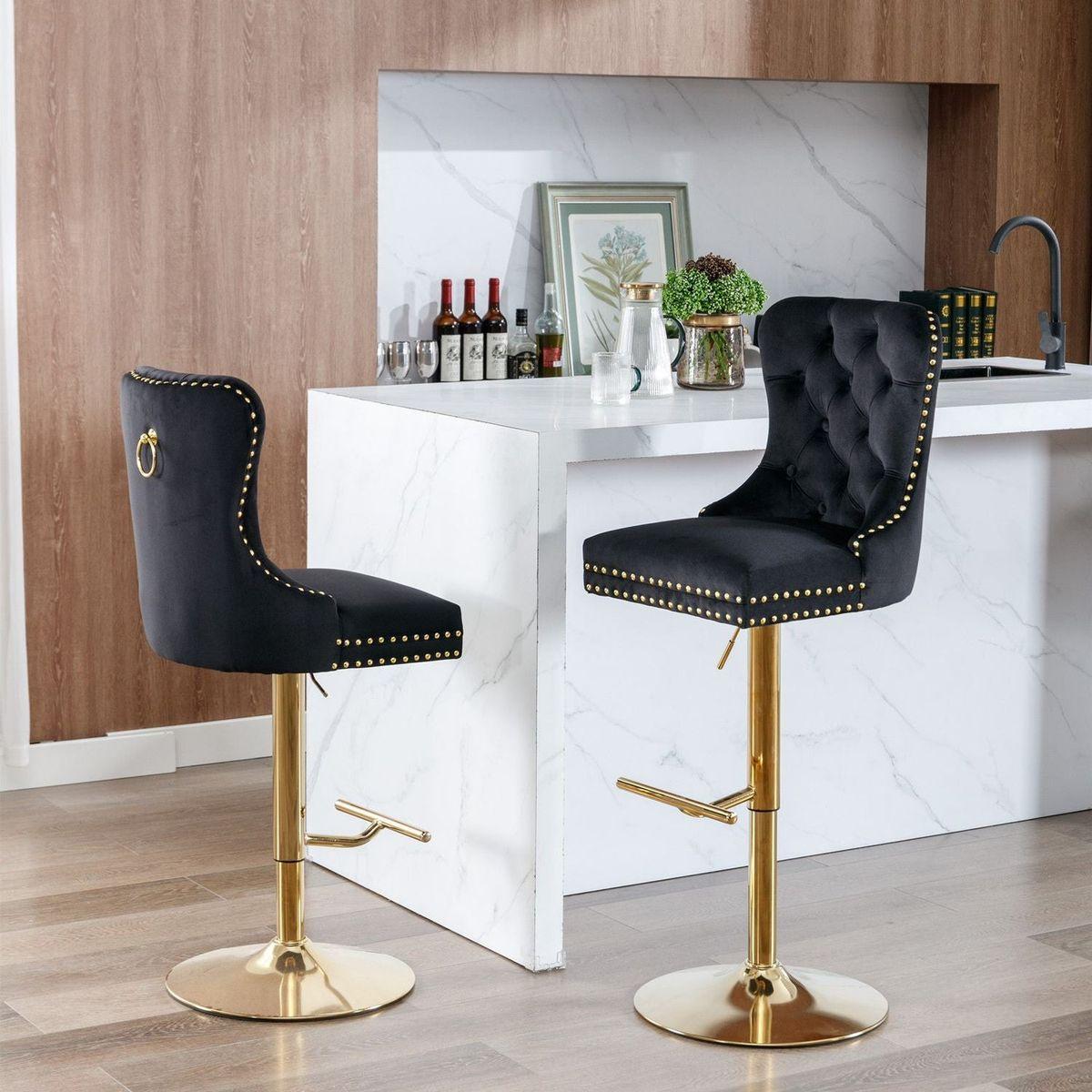 Thick Golden Swivel Velvet Barstools Adjusatble Seat Height from 27-35 Inch, Modern Upholstered Bar Stools with Backs Comfortable Tufted for Home Pub and Kitchen Island (Black, Set of 2)